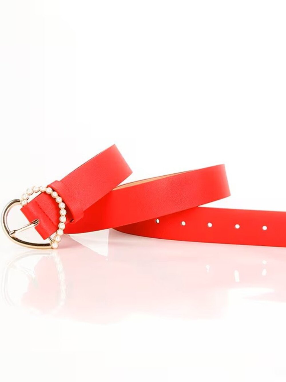 Red Women’s Pearl Heart Buckle Waist Belt Fashion Dress Accessory Elegant Chic
